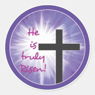 Easter Blessings Cross Starburst on Purple, Risen Classic Round Sticker