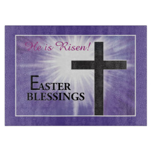 Easter Blessings Cross Starburst on Purple, Risen Cutting Board