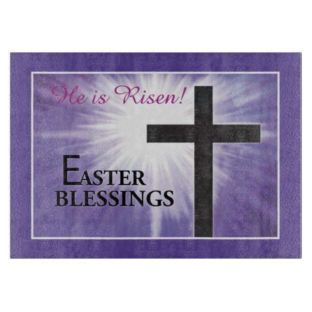 Easter Blessings Cross Starburst on Purple, Risen Cutting Board (Front)