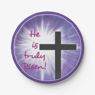 Easter Blessings Cross Starburst on Purple, Risen Paper Plate