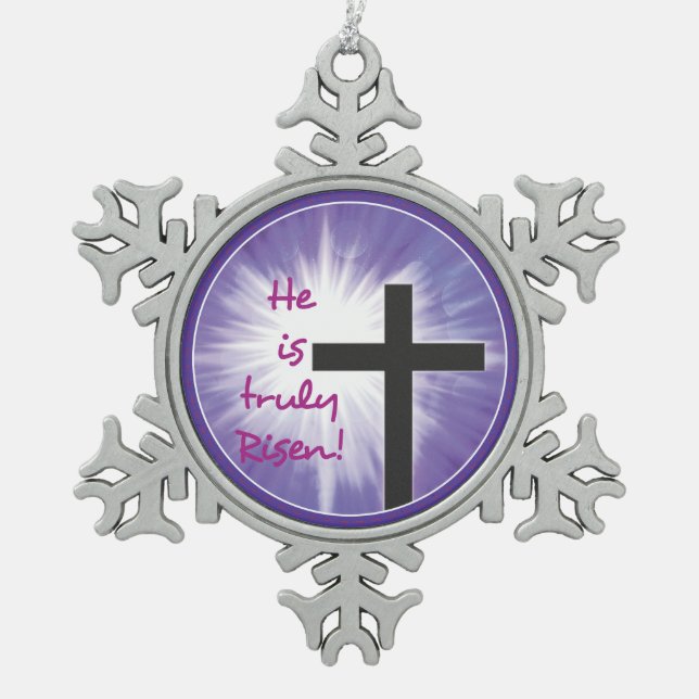 Easter Blessings Cross Starburst on Purple, Risen Snowflake Pewter Christmas Ornament (Front)