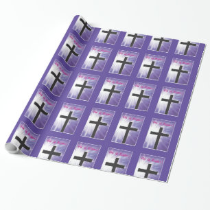 Easter Blessings Cross Starburst on Purple, Risen Wrapping Paper
