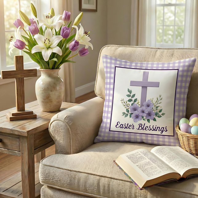 Easter Blessings Cross with Flowers Purple Gingham Cushion (Creator Uploaded)