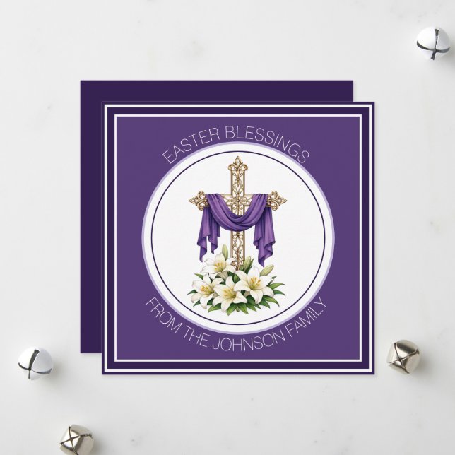 Easter Blessings Cross with Lilies  Holiday Card (Front/Back In Situ)