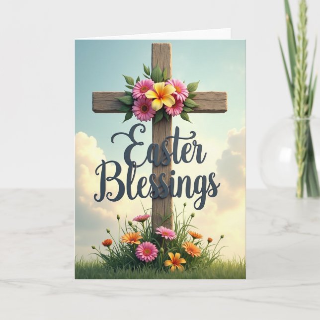 Easter Blessings Floral Cross Card (Front)