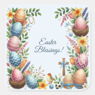 Easter Blessings Frame of Easter Eggs Flowers Square Sticker