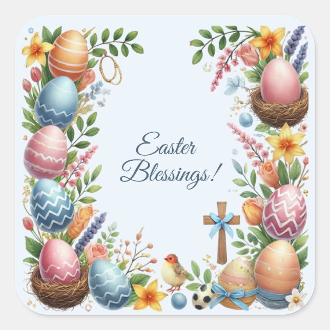 Easter Blessings Frame of Easter Eggs Flowers Square Sticker (Front)