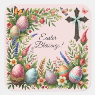 Easter Blessings Frame of Easter Eggs Flowers Square Sticker