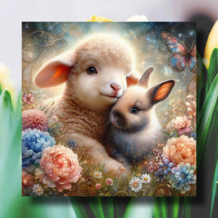 Easter Blessings Lamb and Bunny Christian Easter Holiday Card