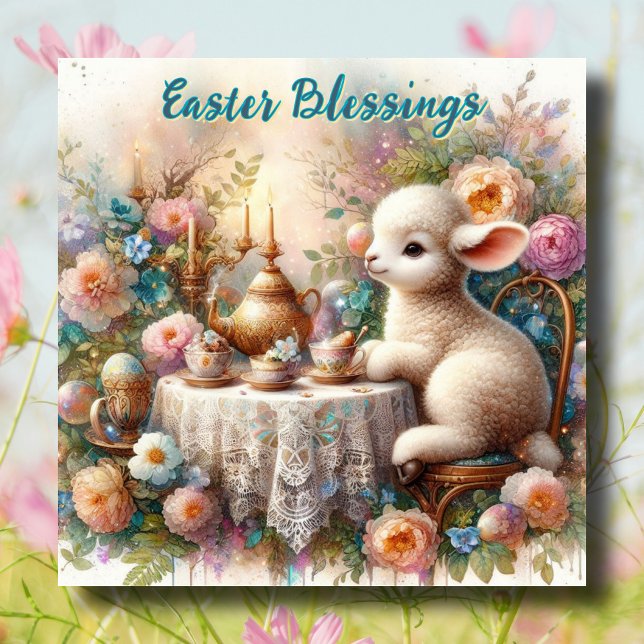 Easter Blessings Lamb Pastel Garden Tea Party  Holiday Card (Creator Uploaded)