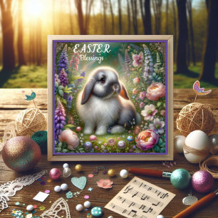 Easter Blessings Lop Eared Bunny Purple Flowers Holiday Card
