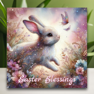 Easter Blessings Pink Floral Watercolor Bunny Holiday Card