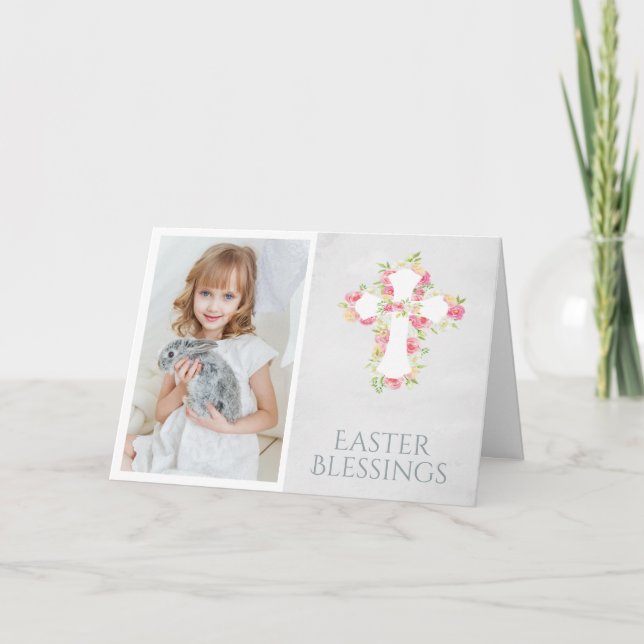 Easter Blessings Religious Cross Pink Flower Photo Holiday Card (Front)