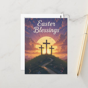 Easter Blessings Three Crosses Purple Sunset Postcard