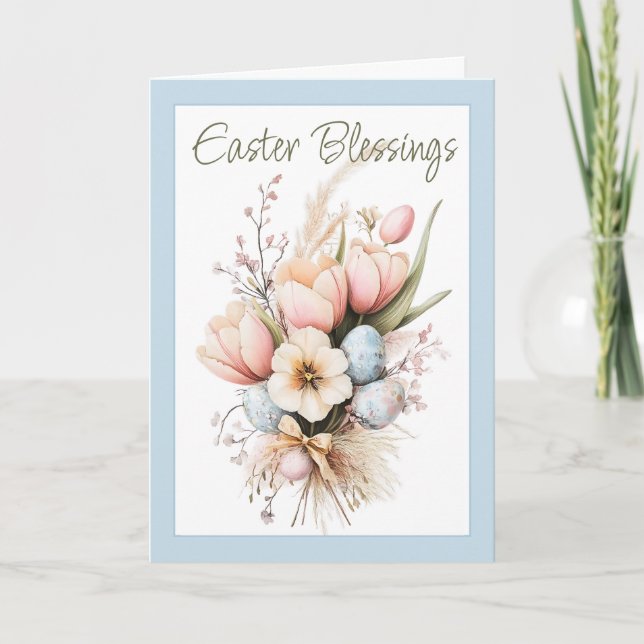 Easter Blessings Tulip Bouquet Blue Folded Holiday Card (Front)