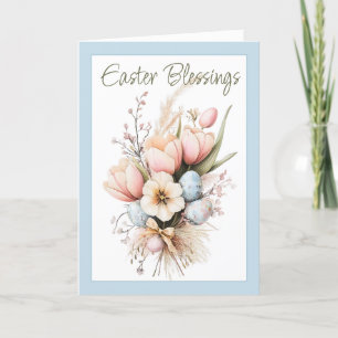 Easter Blessings Tulip Bouquet Blue Folded Holiday Card