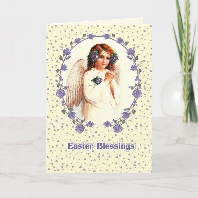Easter Blessings. Vintage Praying Angel Religious Holiday Card (Front)