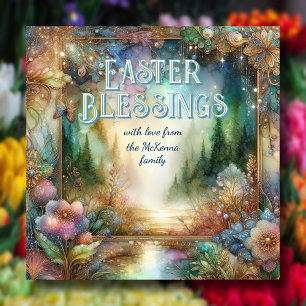 Easter Blessings Woodland Watercolor Art Nouveau Holiday Card