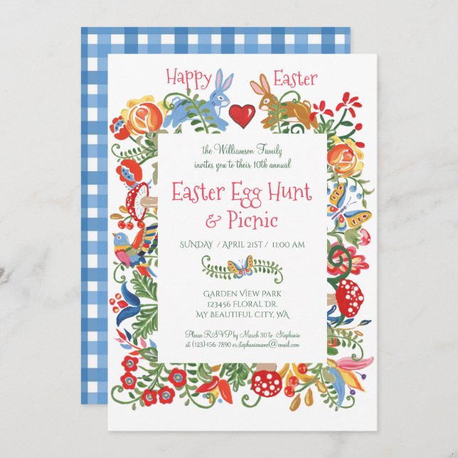 Easter Blue Folk Art Bunny Rabbit Gingham Egg Hunt Invitation (Front/Back)