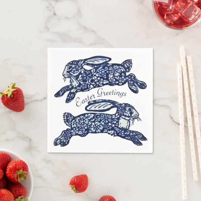 Easter Blue & White Oriental Rabbits Bunny Delft Napkin (Insitu)