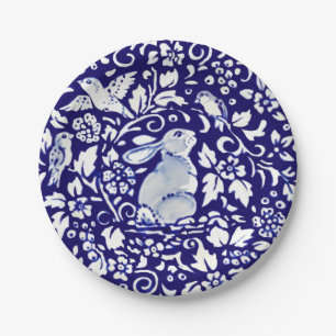 Easter Blue White Rabbit Sitting Bunny Delft Cute Paper Plate