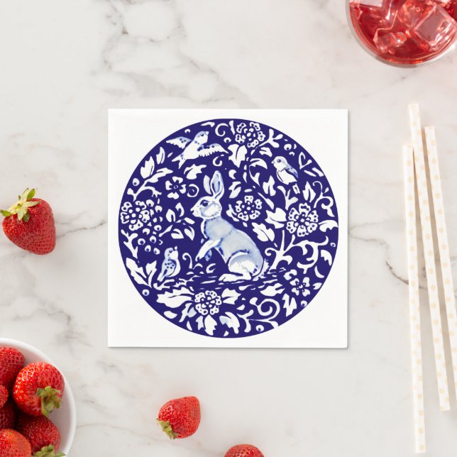 Easter  Blue White Rabbit Standing Bunny Delft Art Napkin (Insitu)