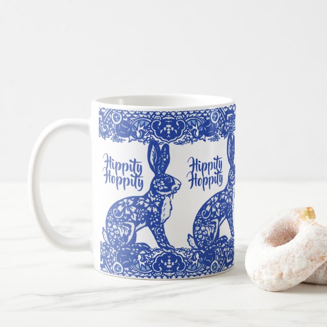 Easter Blue Willow Rabbit Bunny Chinoiserie Pretty Coffee Mug (With Donut)