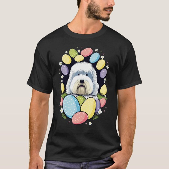 Easter Bobtail Bunny Eggs Dog on Easter Old Englis T-Shirt (Front)