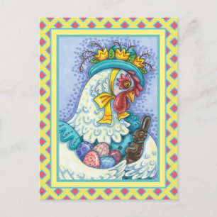 EASTER BONNET AND EGGS, SPRING CHICKEN Colourful Holiday Postcard