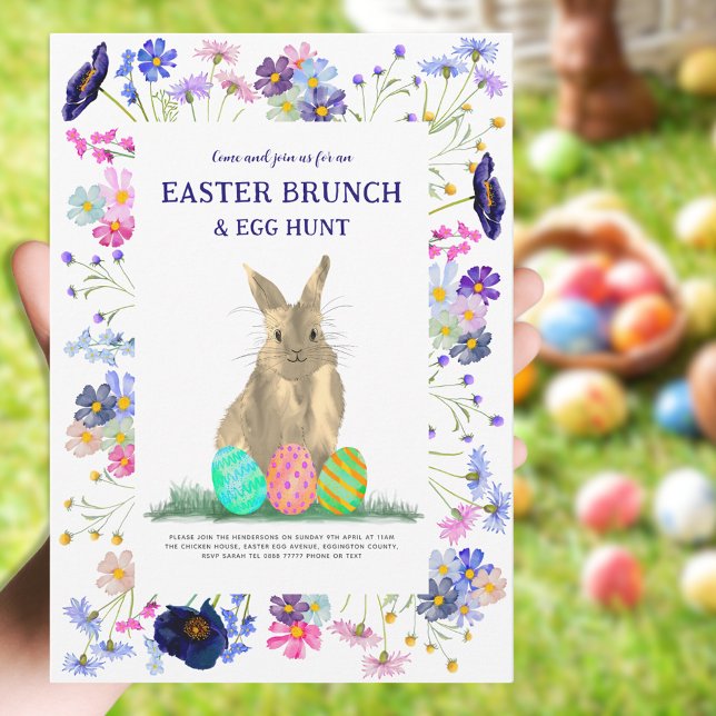 Easter Brunch and Bunny Egg Hunt Floral Invitation (Easter brunch and egg hunt cute bunny boho floral watercolor invitation blue purple pink green)