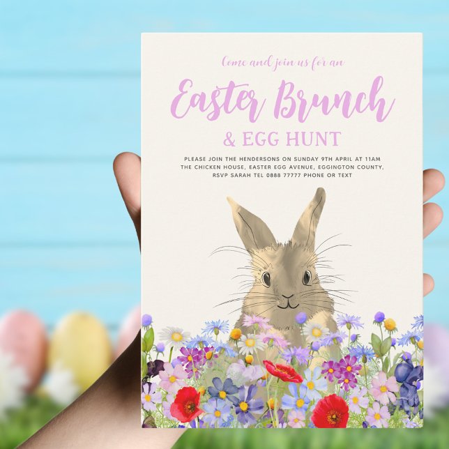 Easter Brunch and Egg Hunt Boho Bunny Floral Invitation (Easter brunch and egg hunt boho wildflowers and bunny invitation)