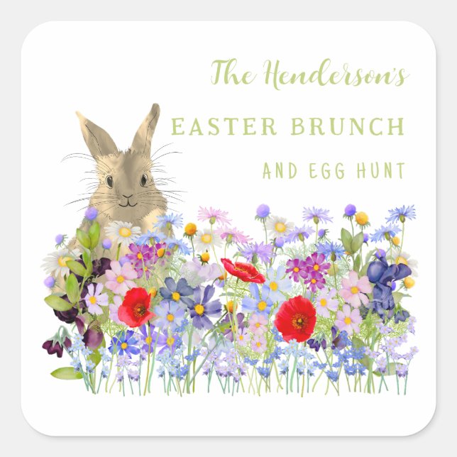 Easter Brunch and Egg Hunt Bunny Floral Name Square Sticker (Front)