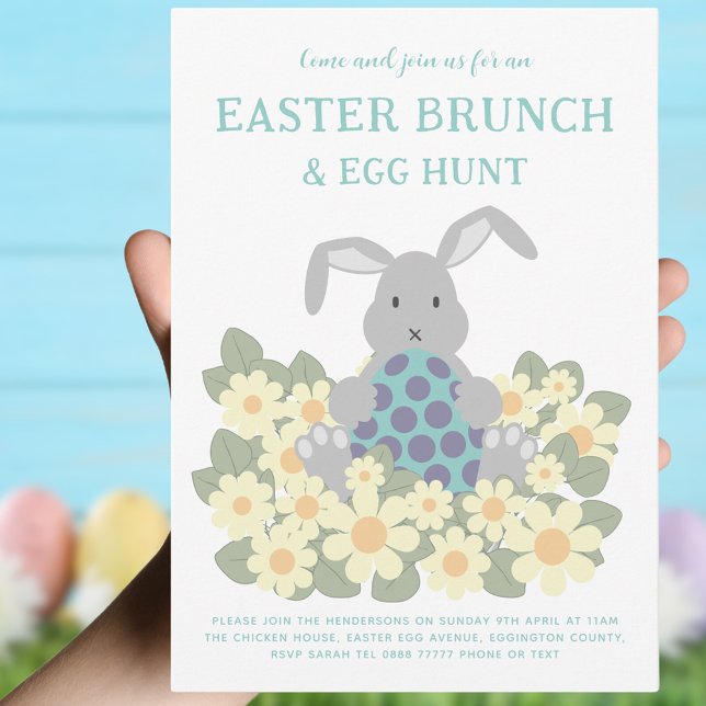 Easter Brunch and Egg Hunt Cute Bunny Floral Invitation (Easter brunch and egg hunt cute bunny spring floral invitation yellow purple teal green)