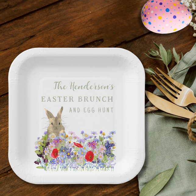 Easter Brunch and Egg Hunt Cute Bunny Floral Paper Plate (Personalized Easter brunch egg hunt watercolor floral cute bunny paper plates)