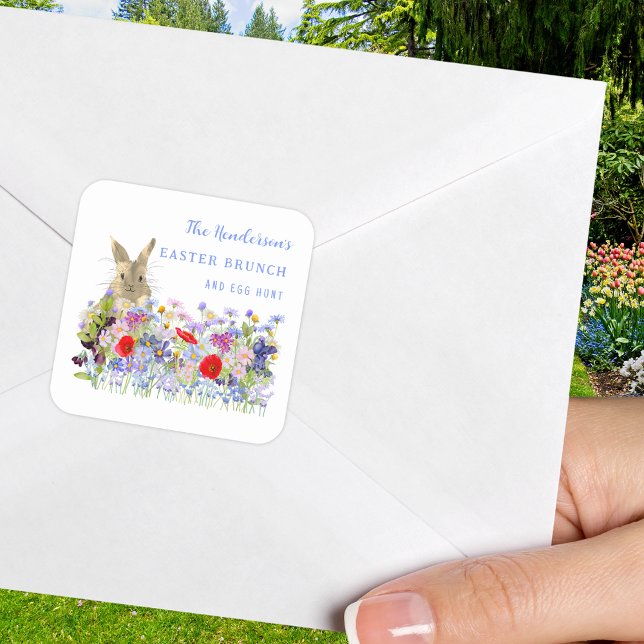 Easter Brunch and Egg Hunt Cute Bunny Floral Square Sticker (Easter brunch and egg hunt custom sticker with watercolor wildflowers and cute Easter bunny)