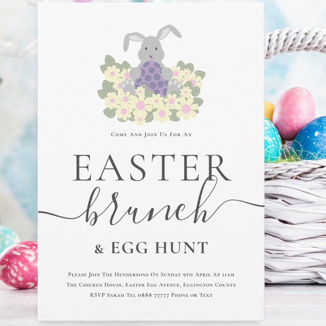 Easter Brunch and Egg Hunt Cute Bunny Invitation (Cute easter bunny egg hunt and brunch spring party invitation )