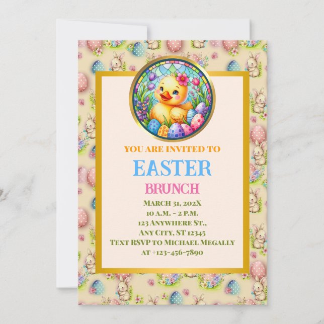 EASTER BRUNCH, Chick, Flowers, and Colourful Eggs Invitation (Front)