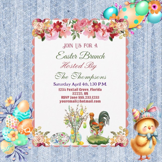 Easter Brunch Decorative Eggs Hen Floral Tree Cute Invitation (Easter Brunch Decorative Eggs Hen Floral Tree Cute Invitation)