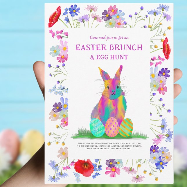 Easter Brunch Egg Hunt and colourful bunny floral Invitation (Easter brunch and egg hunt colorful bunny and wildflower floral invitation )