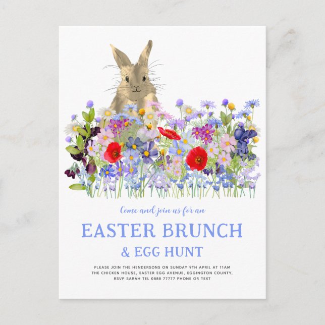 Easter Brunch Egg Hunt Bunny and Wildflowers  Invitation Postcard (Front)