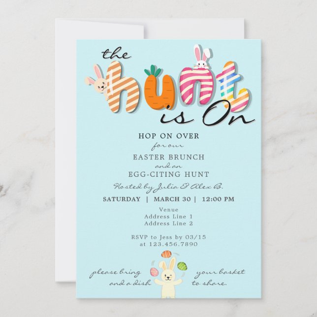 Easter Brunch Egg Hunt Bunny Colourful Pastel Blue Invitation (Front)