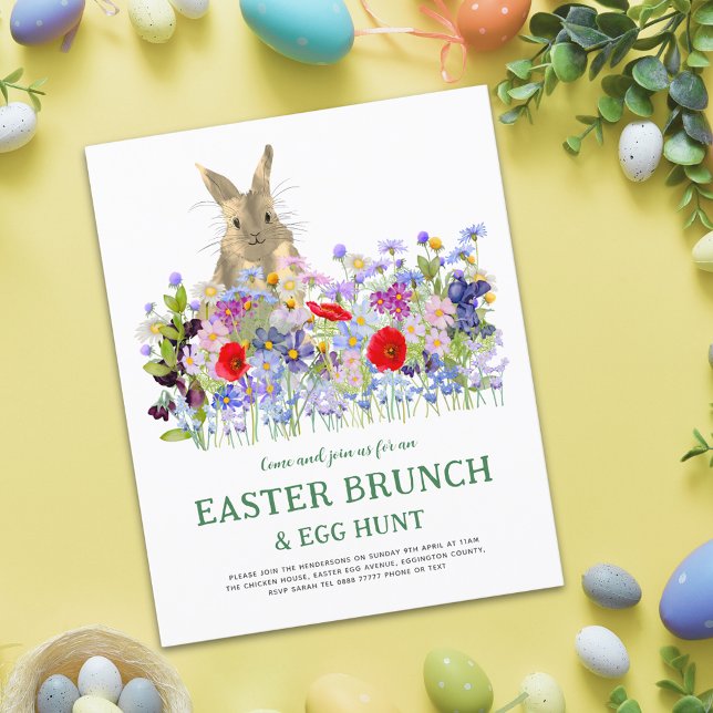 Easter Brunch Egg Hunt Bunny Floral Budget Flyer (Easter egg hunt spring brunch cute bunny floral budget invitation Watercolor wildflowers meadow )
