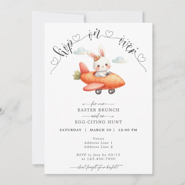 Easter Brunch & Egg Hunt Cute Aeroplane Bunny Invitation (Front)