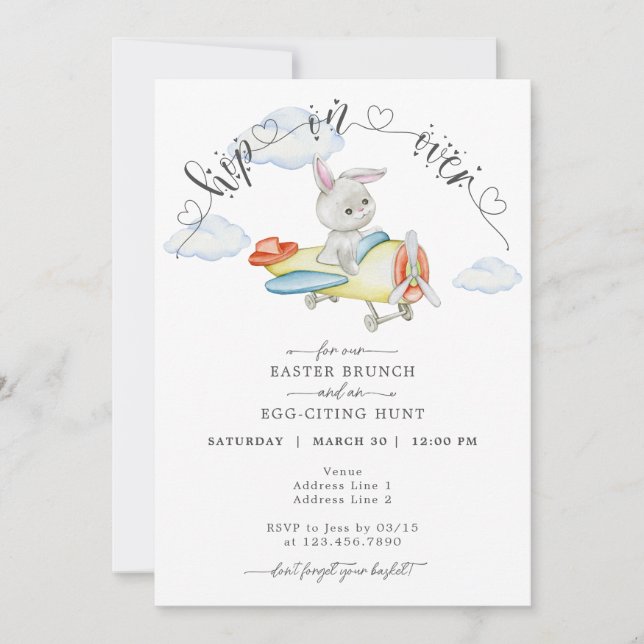 Easter Brunch & Egg Hunt Cute Aeroplane Bunny Pilo Invitation (Front)