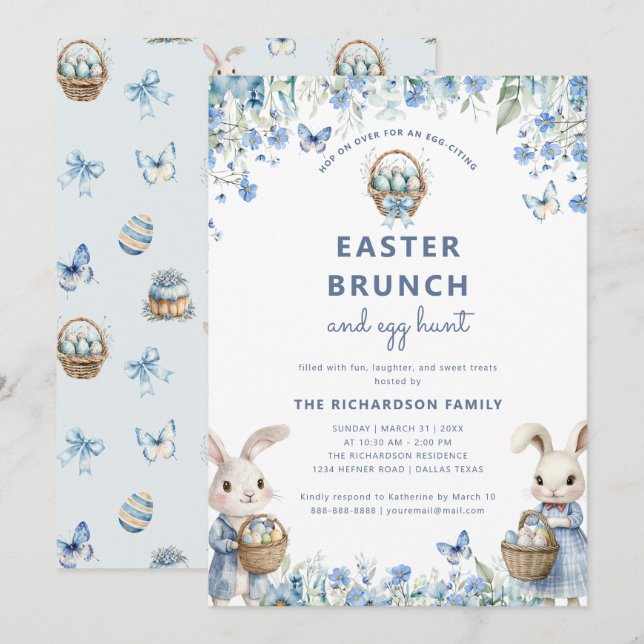 Easter Brunch & Egg Hunt Cute Blue Floral Bunny Invitation (Front/Back)