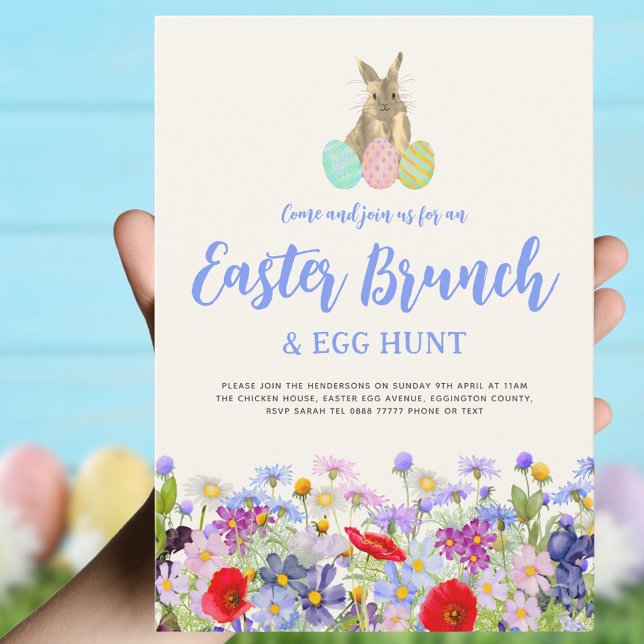 Easter Brunch Egg Hunt Cute Bunny Colourful Floral Invitation (Easter brunch and egg hunt boho wildflower bunny invitation )