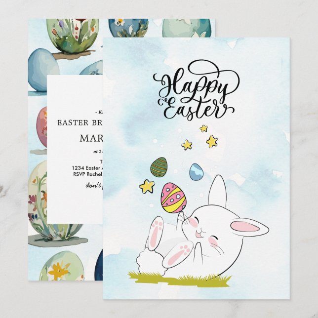 Easter Brunch & Egg Hunt | Cute Bunny Easter eggs Invitation (Front/Back)