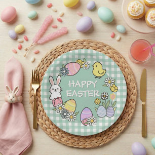 Easter Brunch & Egg Hunt Green Gingham Paper Plate