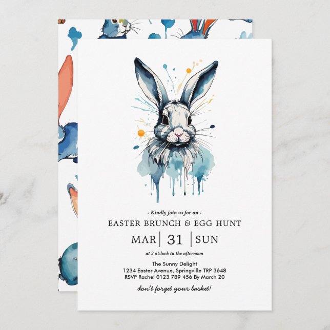 Easter Brunch & Egg Hunt | Water colour Bunny Invitation (Front/Back)