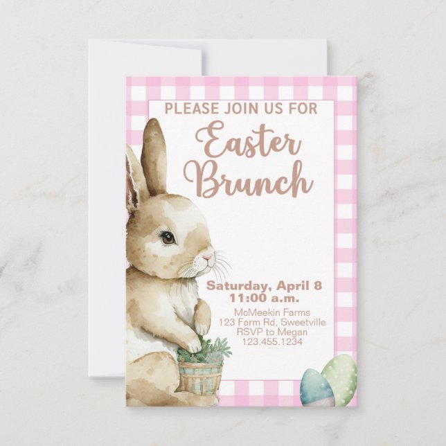 Easter Brunch Invitation Rabbit Pink Gingham Plaid (Front)